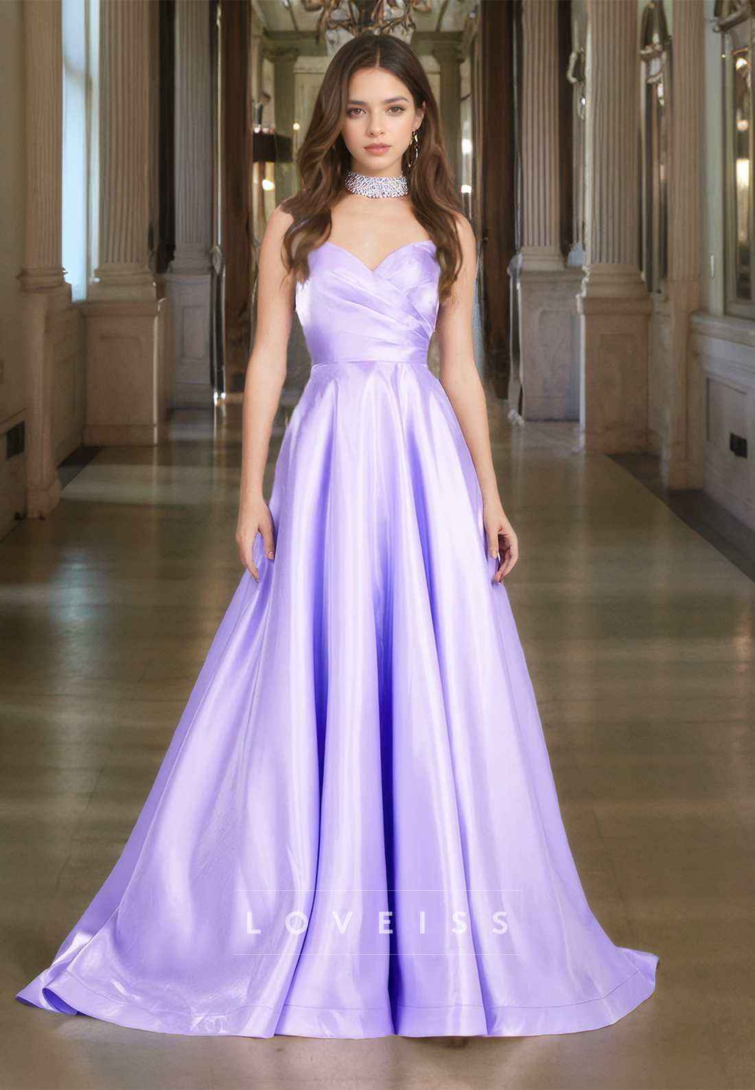 V-Neck Strapless Pleated Sleek Satin A-Line Prom Dress