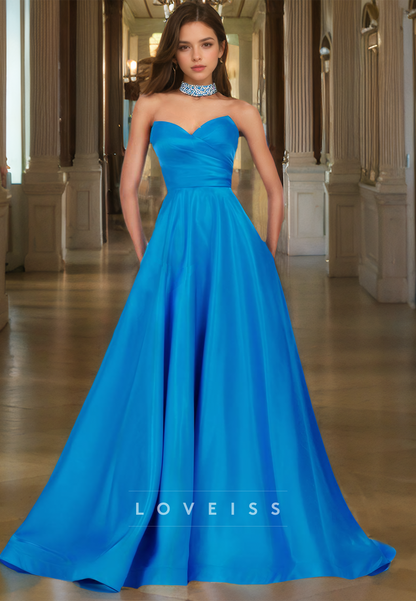 V-Neck Strapless Pleated Sleek Satin A-Line Prom Dress