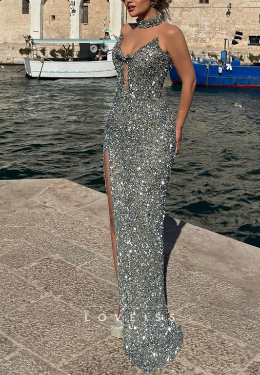 V-Neck Strapless Side Slit Sequins Sparkly Sheath Prom Dress