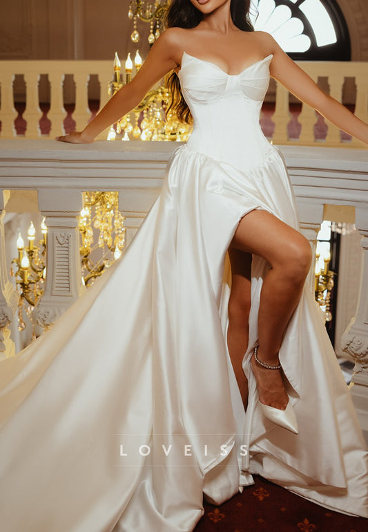 V-Neck Strapless Side Slit Sleek Satin A-Line Wedding Dress
