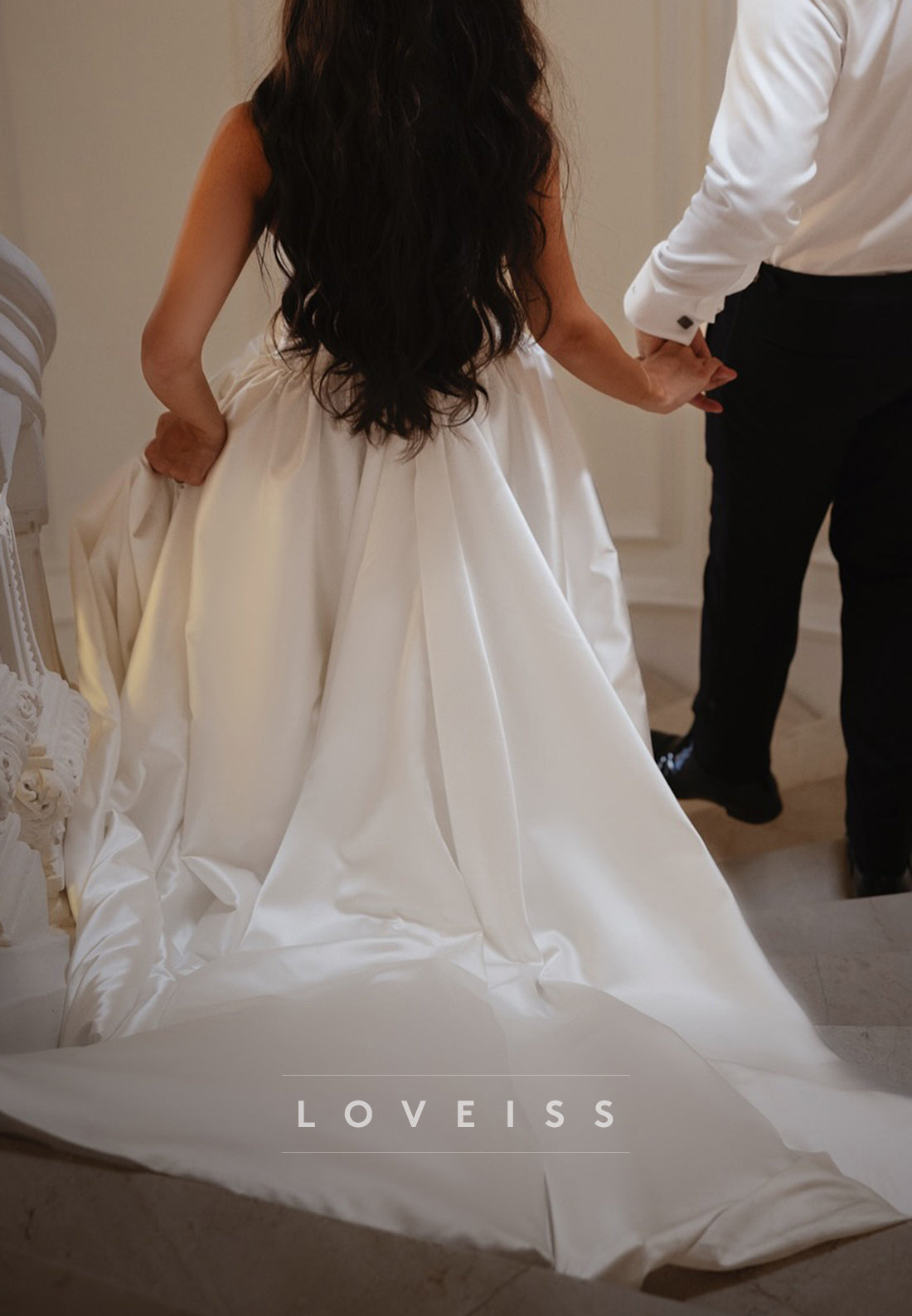 V-Neck Strapless Side Slit Sleek Satin A-Line Wedding Dress