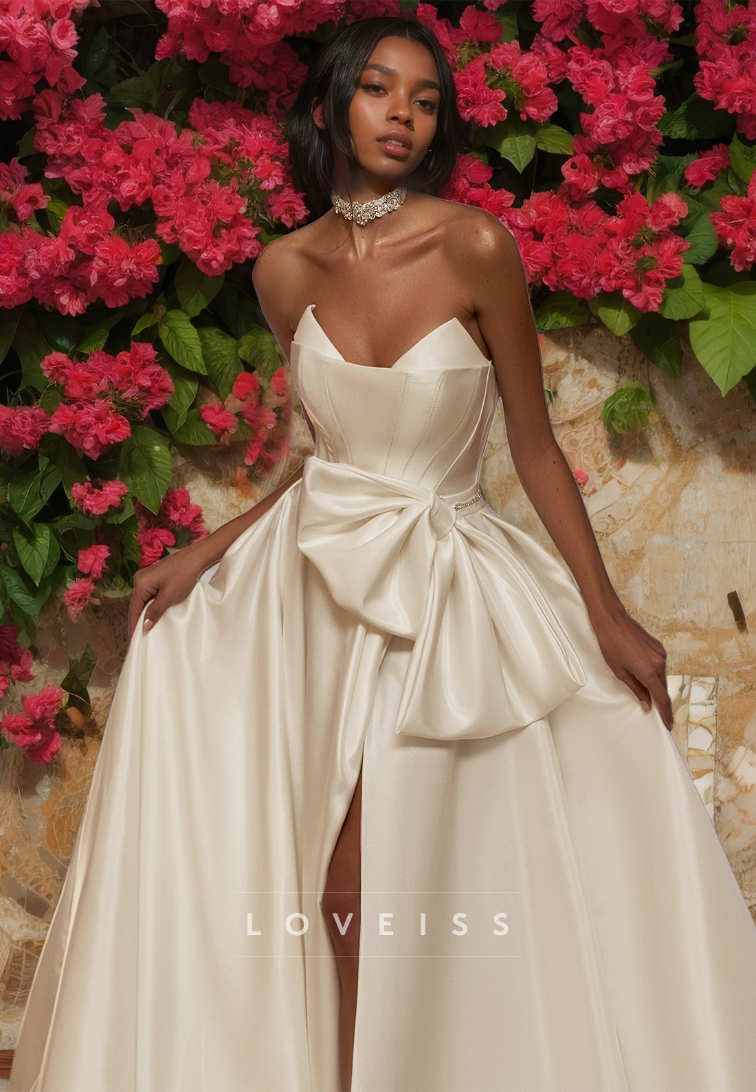 V-Neck Strapless Sleek Bowknot Pleated Satin A-Line Wedding Dress