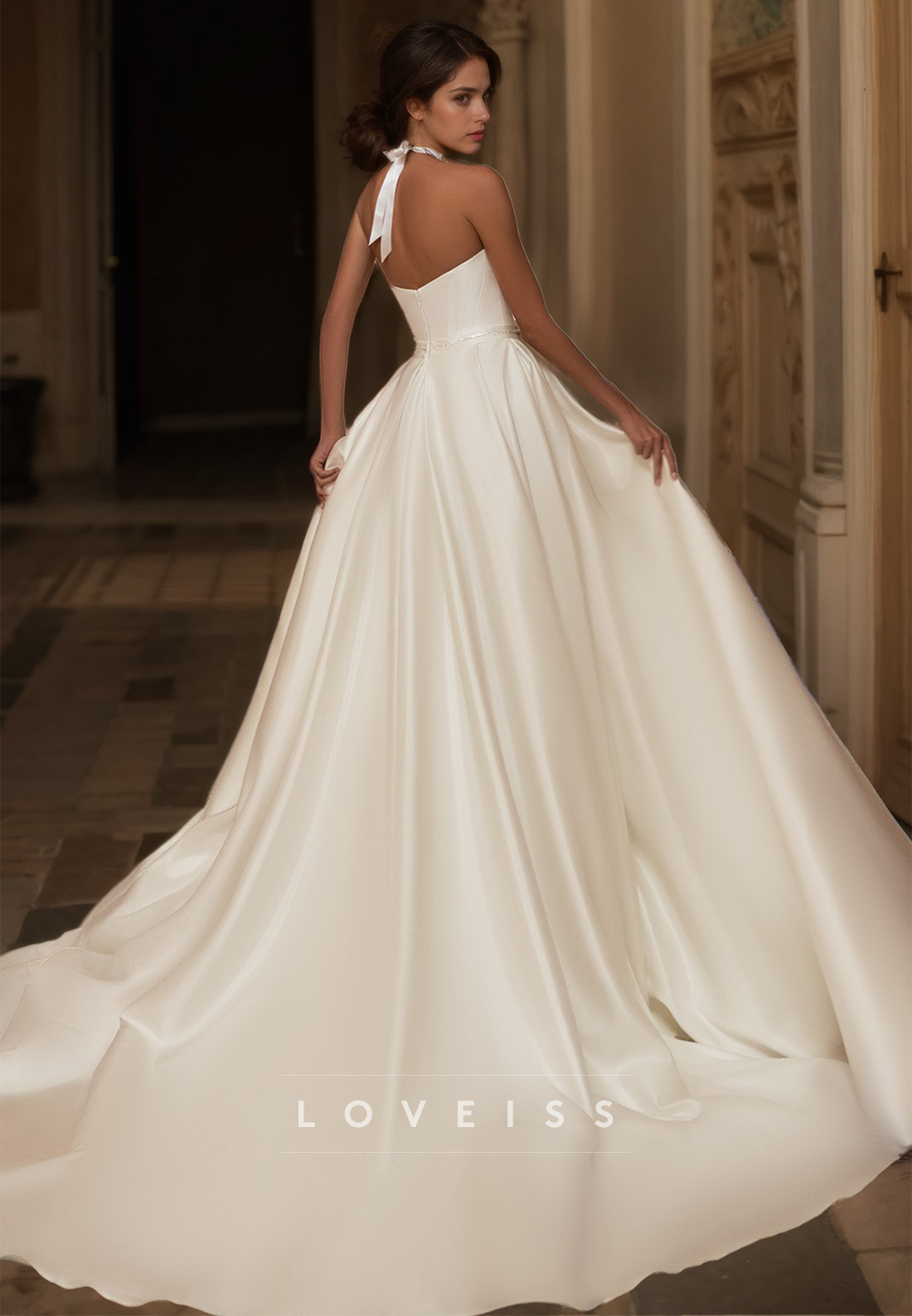 V-Neck Strapless Sleek Bowknot Pleated Satin A-Line Wedding Dress