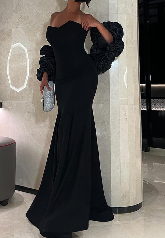 V-Neck Strapless Sleek Mermaid Fitted 3D Floral Evening Dress