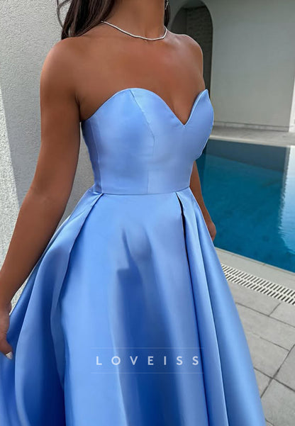 V-Neck Strapless Sleek Pleated Satin A-Line Prom Dress