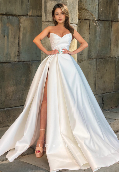 V-Neck Strapless Sleek Satin A-Line Simple Prom Dress