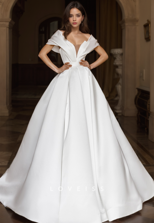 V-Neck Strapless Sleek Satin Pleated A-Line Classic Wedding Dress