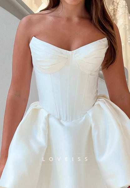 V-Neck Strapless Sleek Satin Simple A-Line Short Wedding Dress