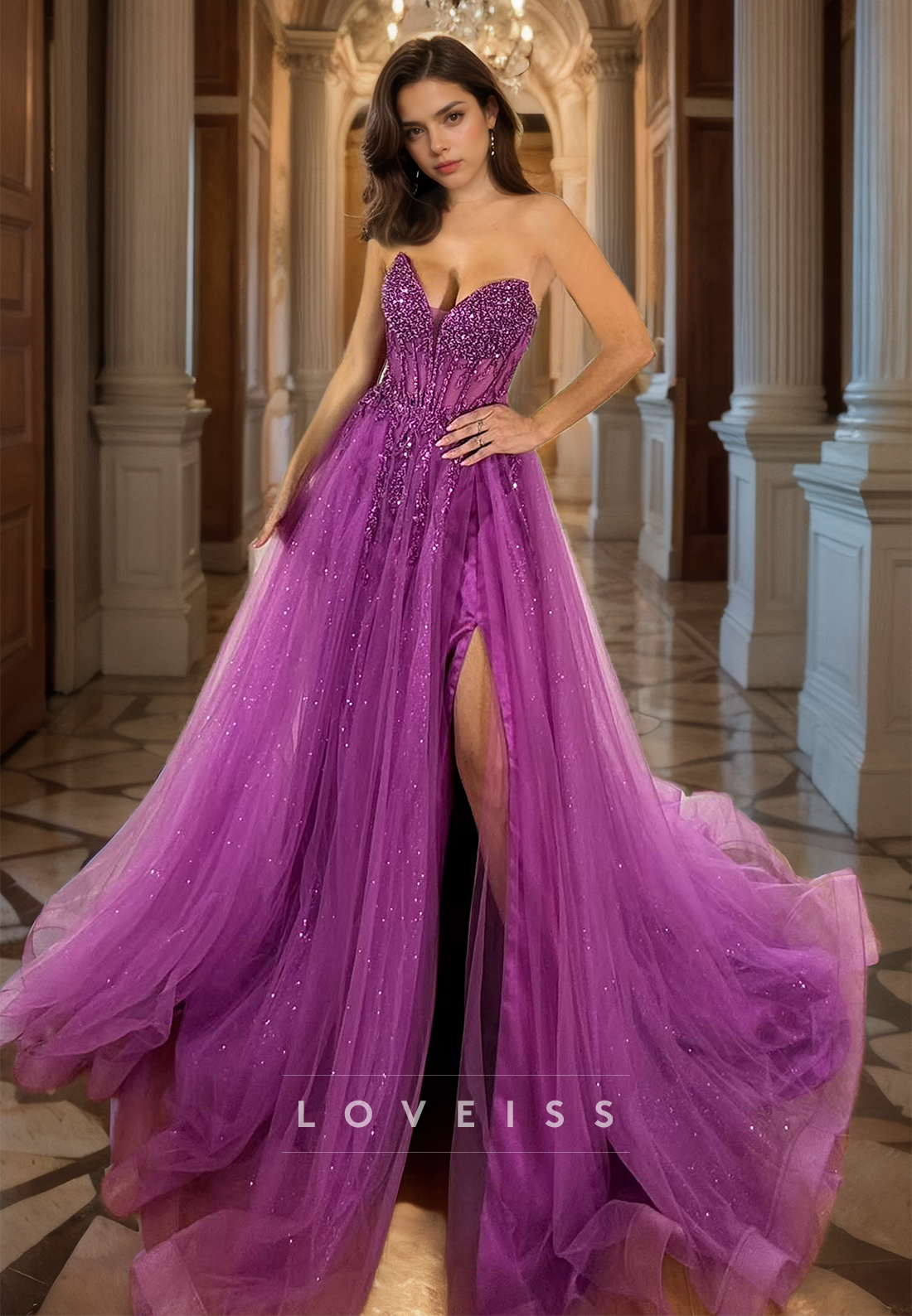 V-Neck Strapless Tulle Appliques Beaded A-Line Prom Dress