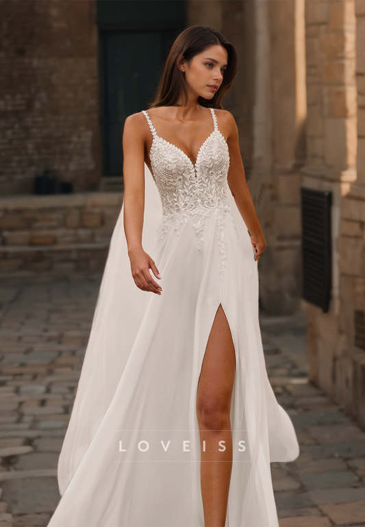 V-Neck Straps Appliques A-Line Wedding Dress