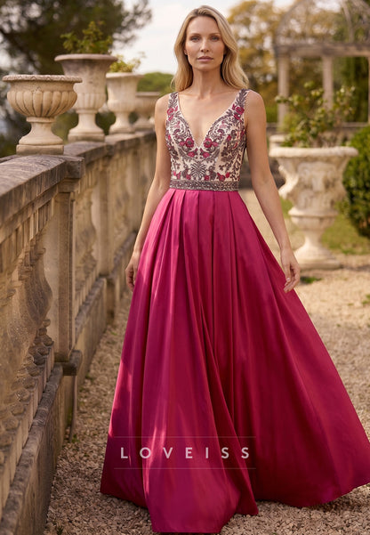 V-Neck Straps Appliques Beaded A-Line Mother of Bride Dress