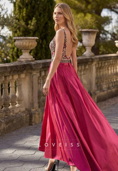 V-Neck Straps Appliques Beaded A-Line Mother of Bride Dress