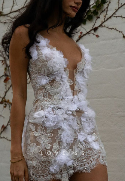 V-Neck Straps Appliques Floral Embellished Sheath Short Wedding Dress