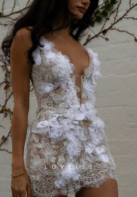 V-Neck Straps Appliques Floral Embellished Sheath Short Wedding Dress