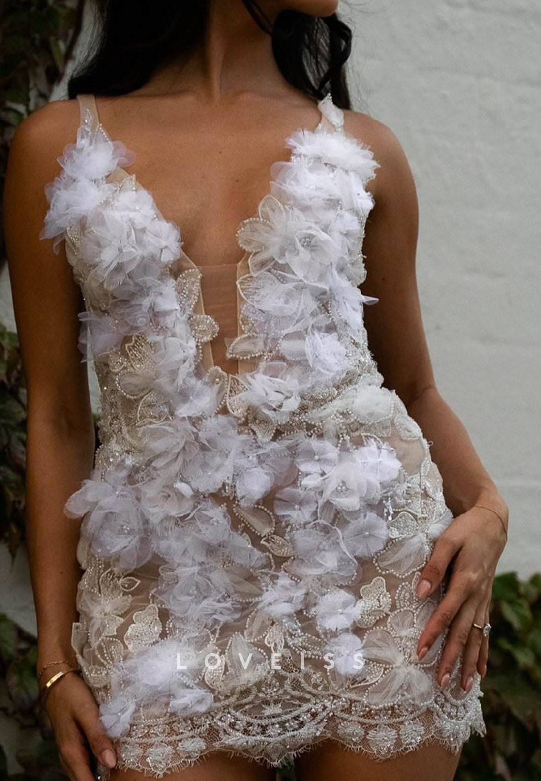 V-Neck Straps Appliques Floral Embellished Sheath Short Wedding Dress