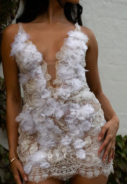 V-Neck Straps Appliques Floral Embellished Sheath Short Wedding Dress