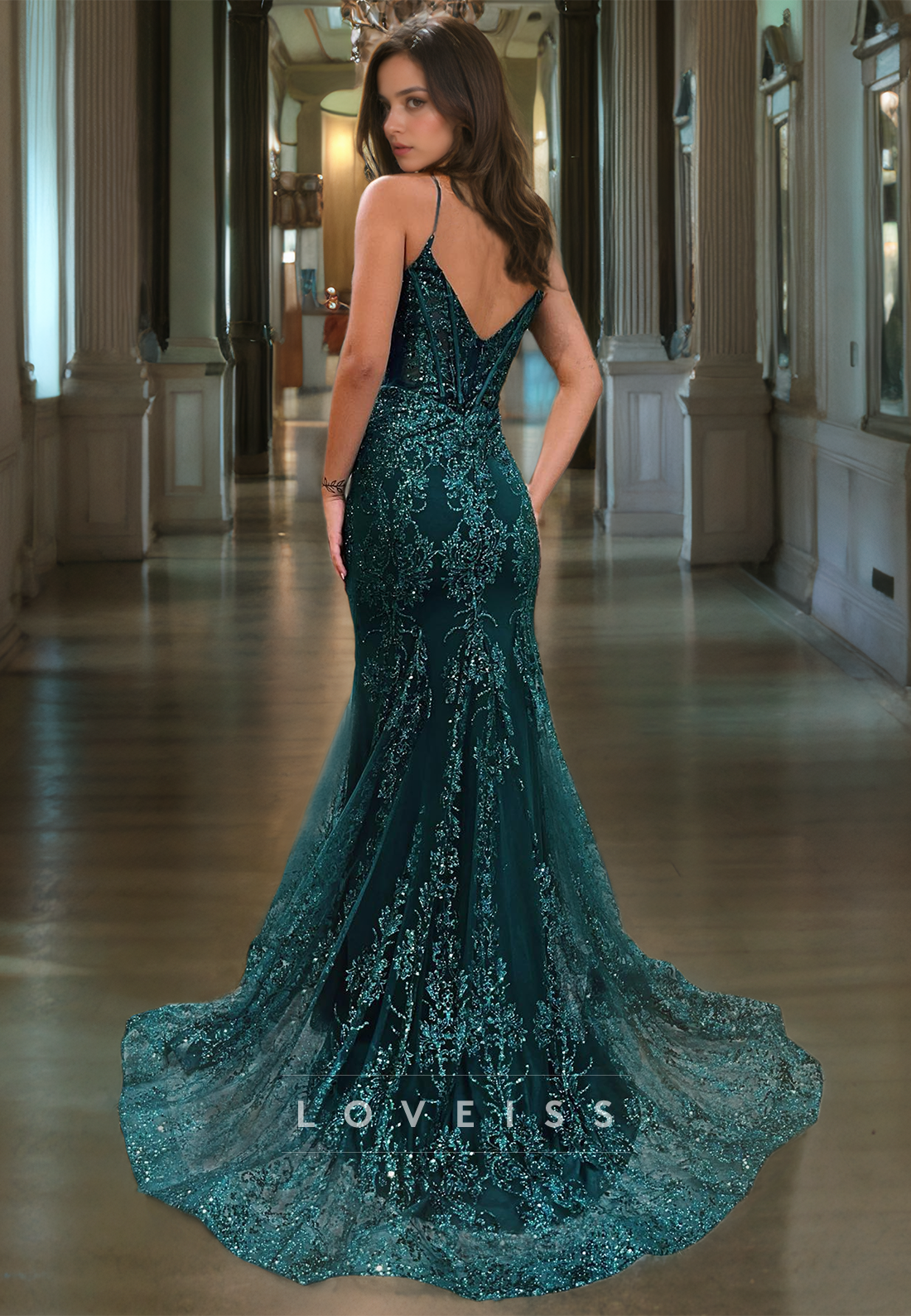 V-Neck Straps Appliques Mermaid Prom Dress