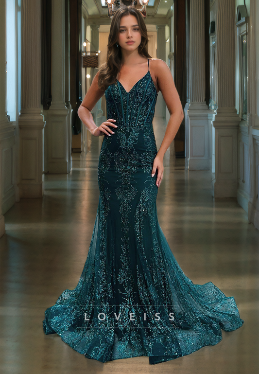 V-Neck Straps Appliques Mermaid Prom Dress