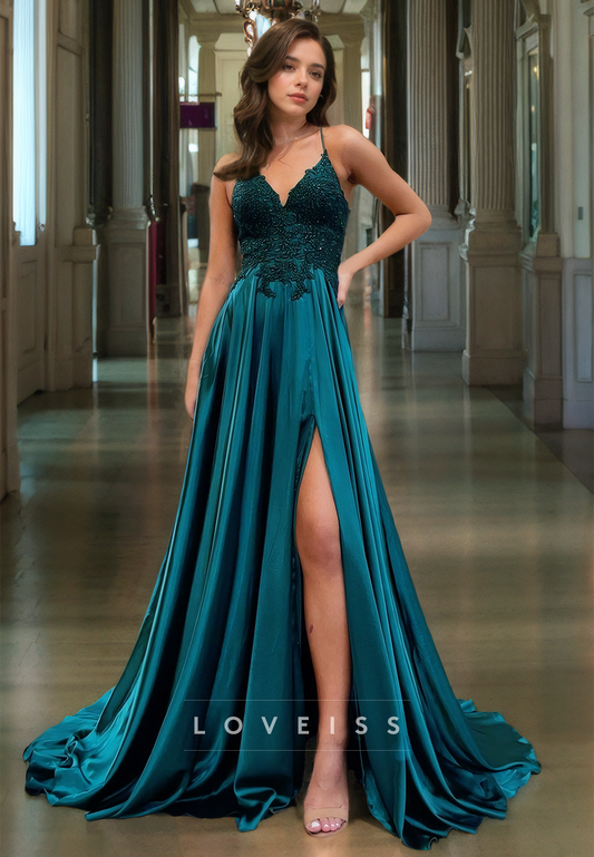 V-Neck Straps Appliques Pleated A-Line Prom Dress