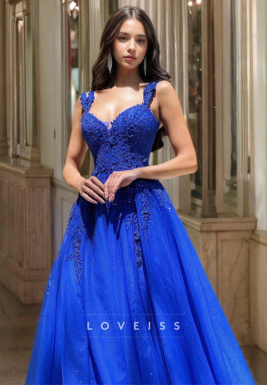 V-Neck Straps Appliques Pleated A-Line Prom Dress