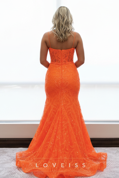 V-Neck Straps Appliques Side Slit Mermaid Prom Dress