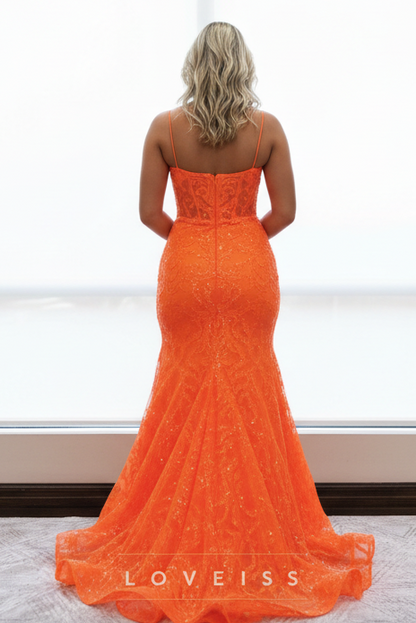 V-Neck Straps Appliques Side Slit Mermaid Prom Dress