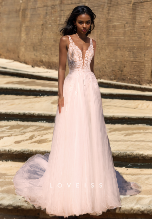 V-Neck Straps Appliques Sleeveless Tulle A-Line Wedding Dress