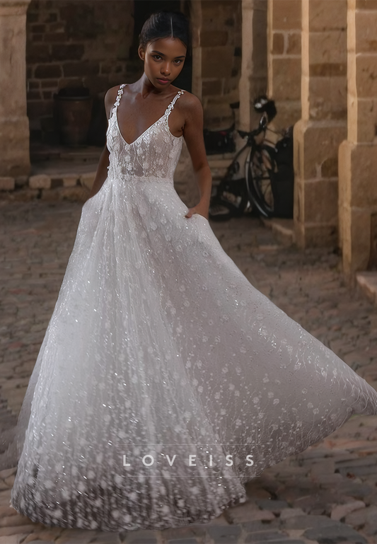 V-Neck Straps Appliques Tulle A-Line Beach Wedding Dress