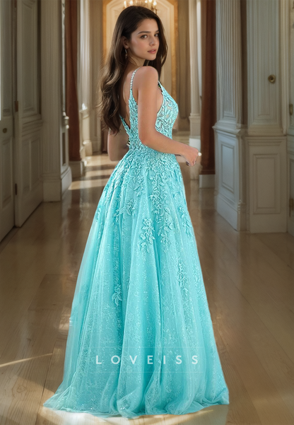 V-Neck Straps Appliques Tulle A-Line Prom Dress