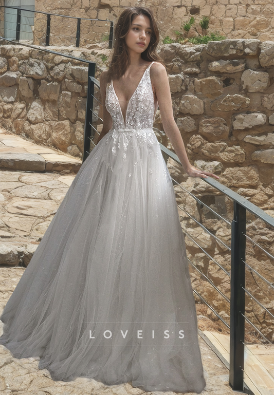 V-Neck Straps Appliques Tulle A-Line Wedding Dress