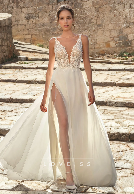 V-Neck Straps Appliques Tulle Side Slit A-Line Beach Wedding Dress