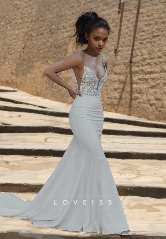 V-Neck Straps Backless Appliques Sleek Mermaid Beach Wedding Dress