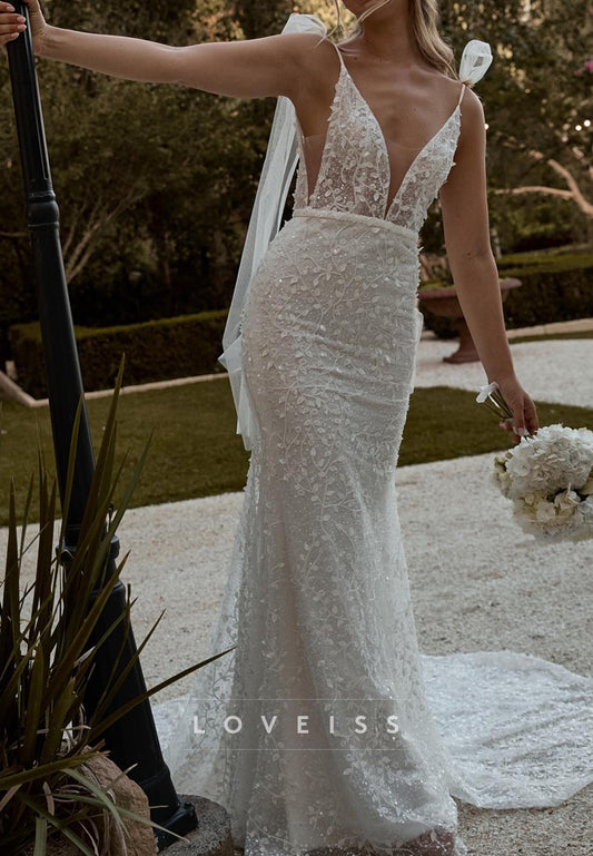 V-Neck Straps Beaded Embroidery Mermaid Wedding Dress