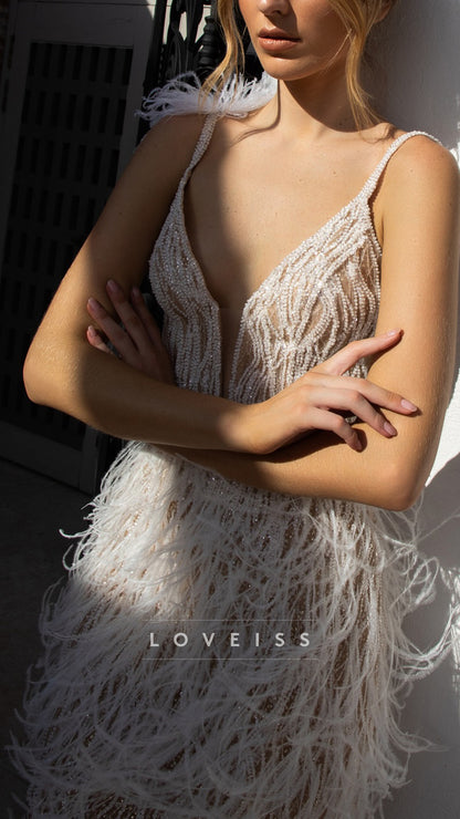 V-Neck Straps Beaded Embroidery Sparkly A-Line Short Wedding Dress