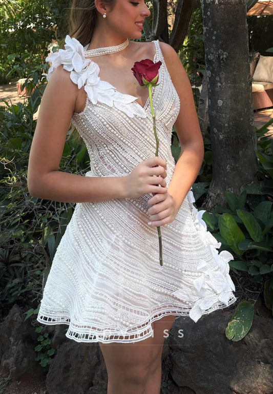 V-Neck Straps Beaded Embroidey Appliques Short A-Line Wedding Dress