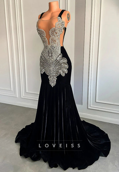 V-Neck Straps Beaded Pleated Mermaid Prom Dress for Black Girls