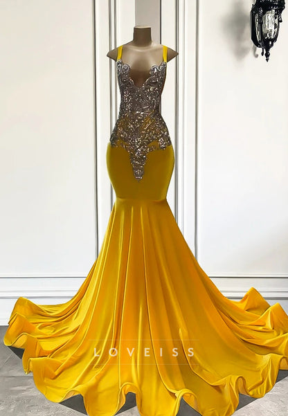 V-Neck Straps Beaded Pleated Mermaid Prom Dress for Black Girls