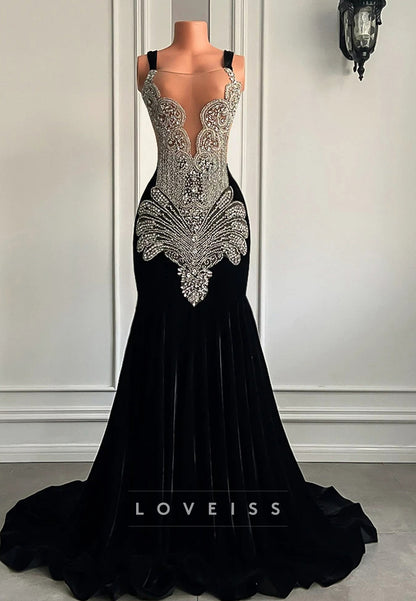 V-Neck Straps Beaded Pleated Mermaid Prom Dress for Black Girls