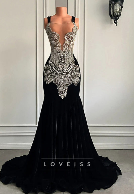 V-Neck Straps Beaded Pleated Mermaid Prom Dress for Black Girls