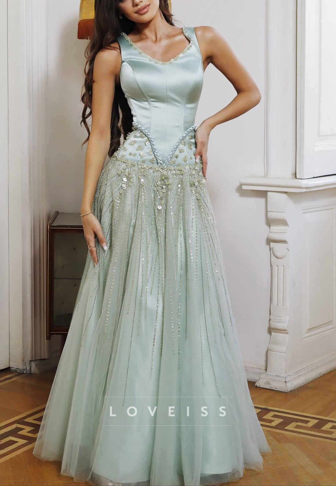 V-Neck Straps Beaded Sequins A-Line Prom Dress