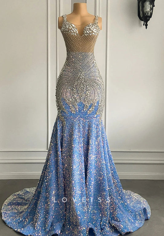 V-Neck Straps Beaded Sequins Pleated Mermaid Prom Dress for Black Girls
