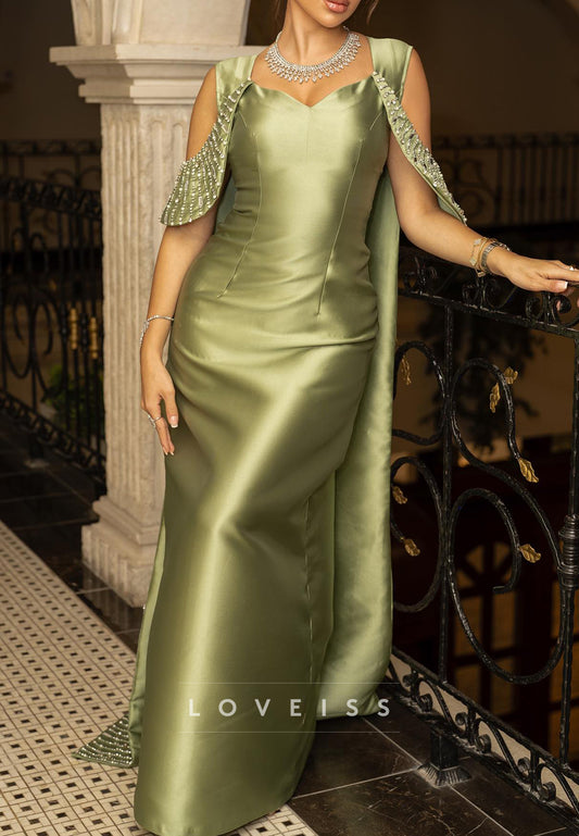 V-Neck Straps Beaded Sleek Satin Sheath Evening Dress