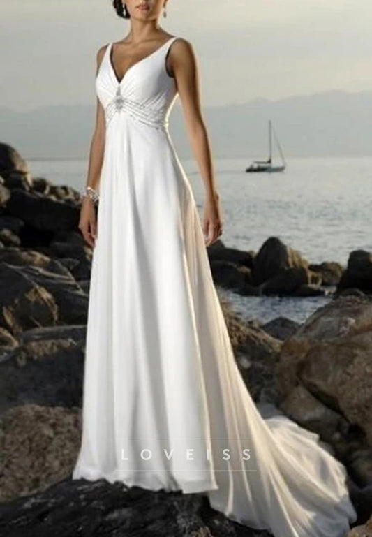 V-Neck Straps Empire Waist A-Line Beach Wedding Dress