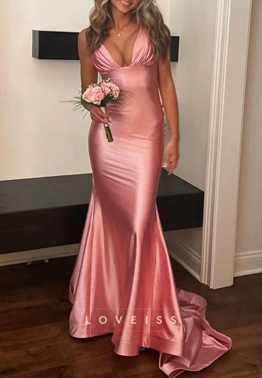 V-Neck Straps Empire Waist Fitted Mermaid Prom Dress