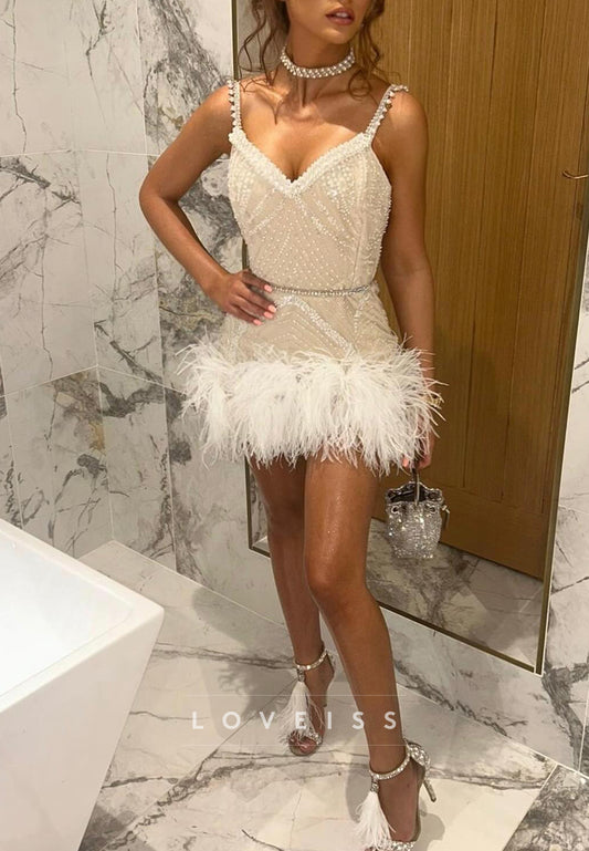 V-Neck Straps Feathered Pearl Sheath Party Homecoming Dress