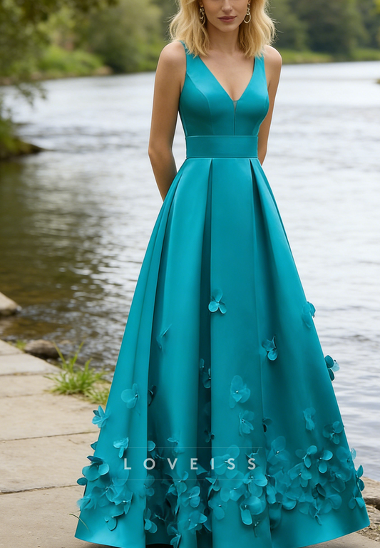 V-Neck Straps Floral Embellished Satin Evening Dress