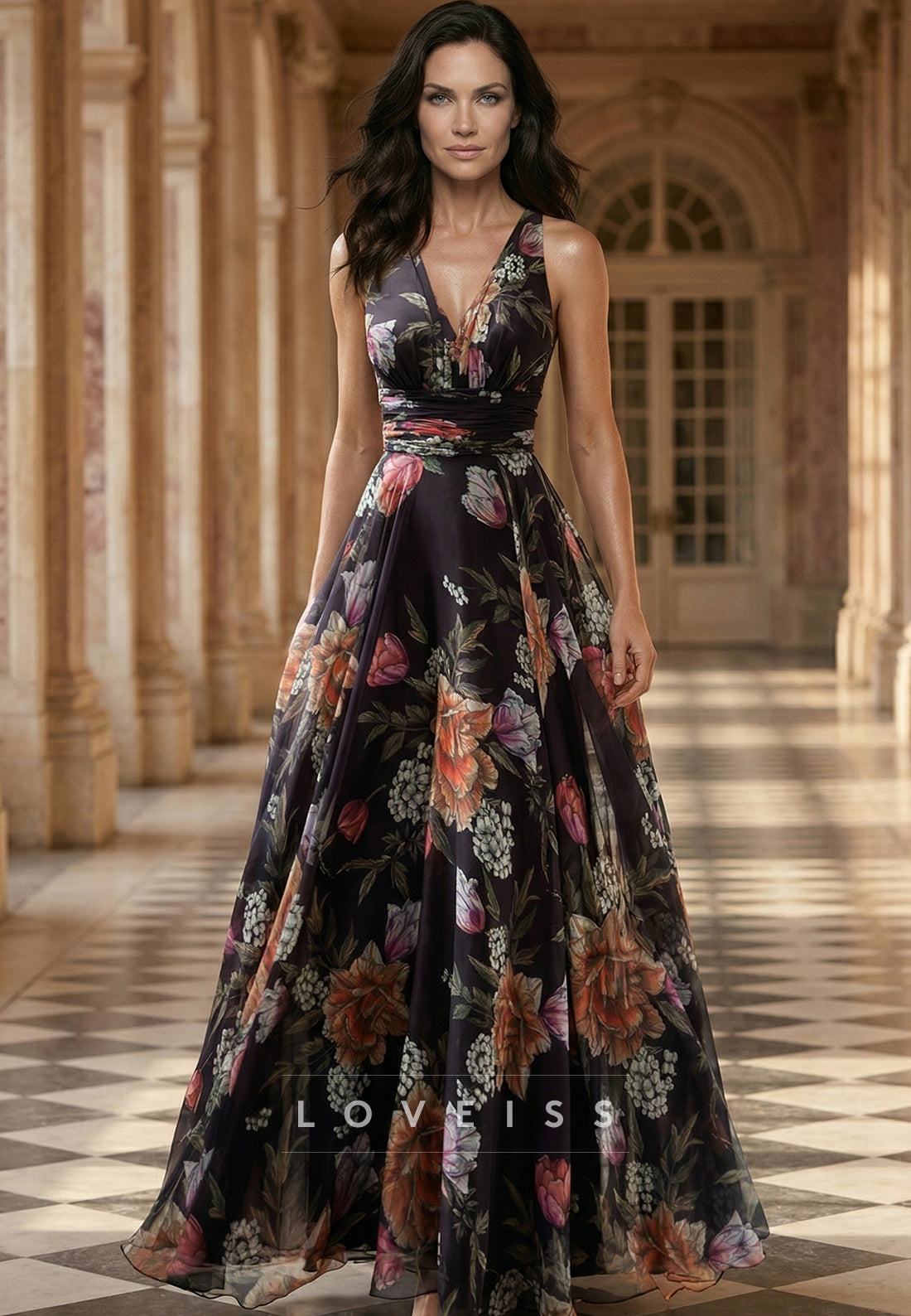 V-Neck Straps Floral Printed A-Line Evening Dress