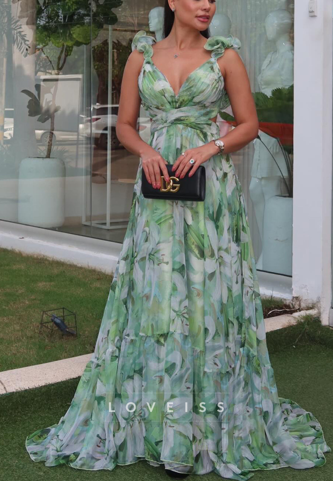 V-Neck Straps Floral Printed A-Line Wedding Guest Dress