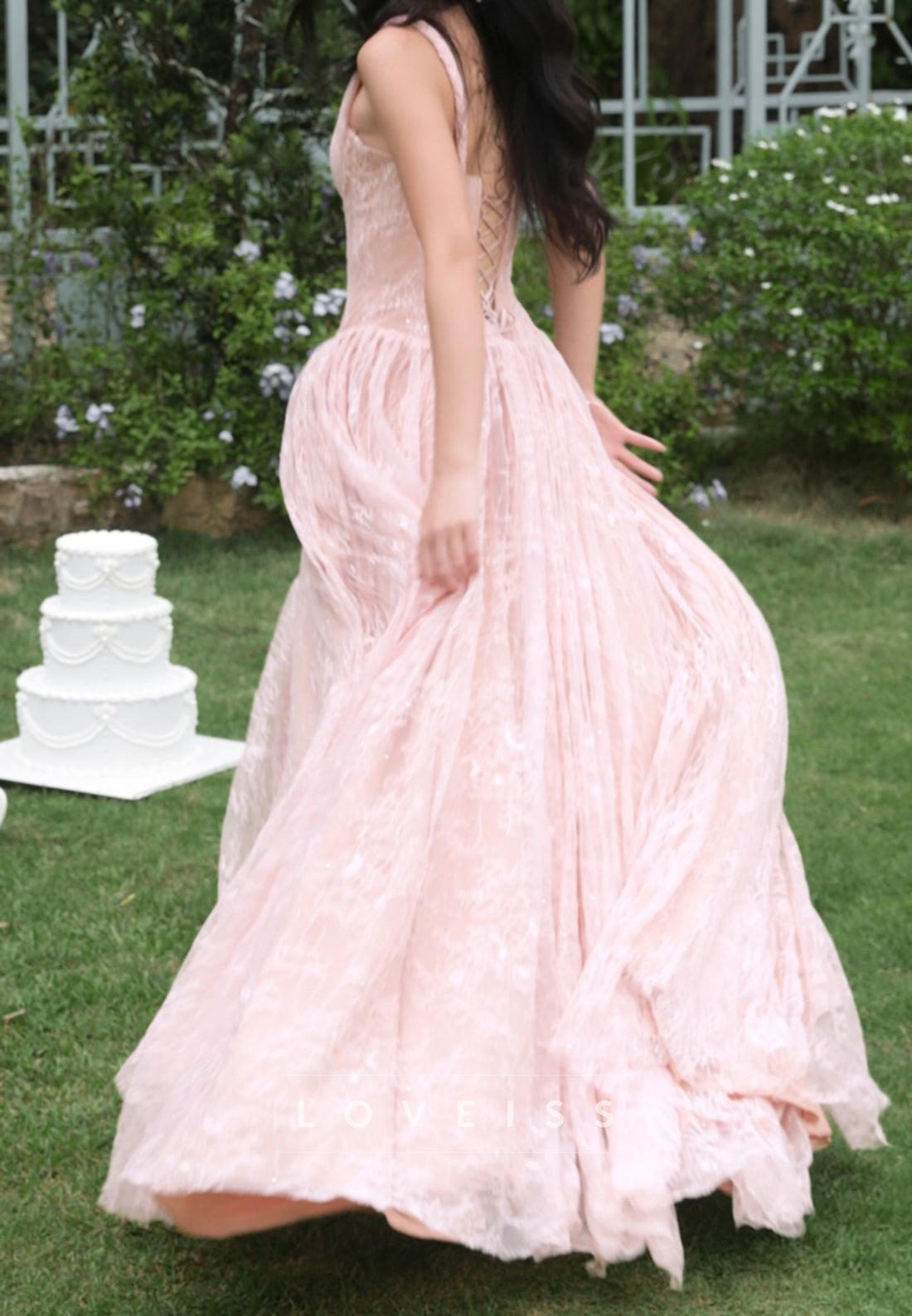 V-Neck Straps Lace Appliques A-Line Prom Dress