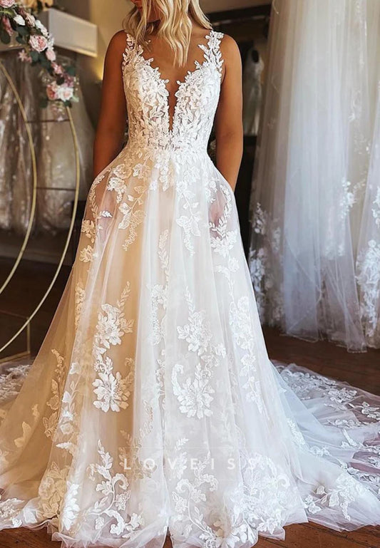 V-Neck Straps Lace Appliques A-Line Wedding Dress